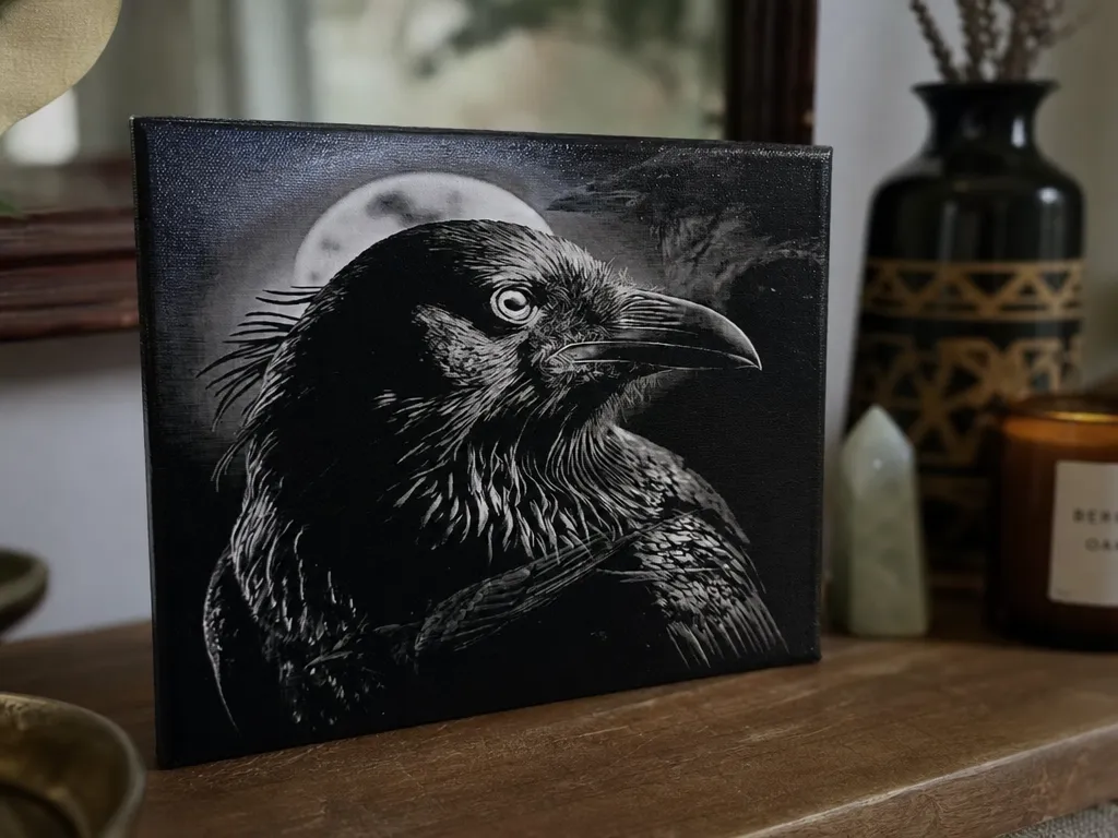 Black and White Raven Portrait Canvas Art with Full Moon