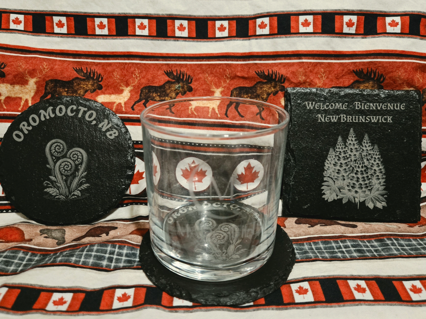 New Brunswick Oromocto Slate Coasters and Glassware Set