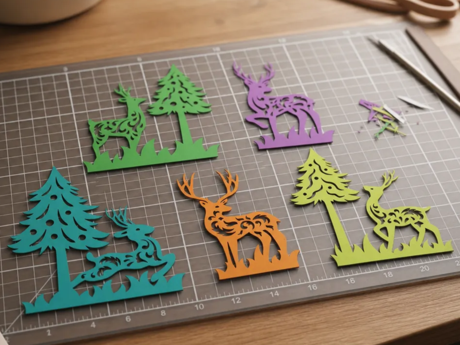 Colorful Woodland Deer and Pine Tree Silhouette Cutouts