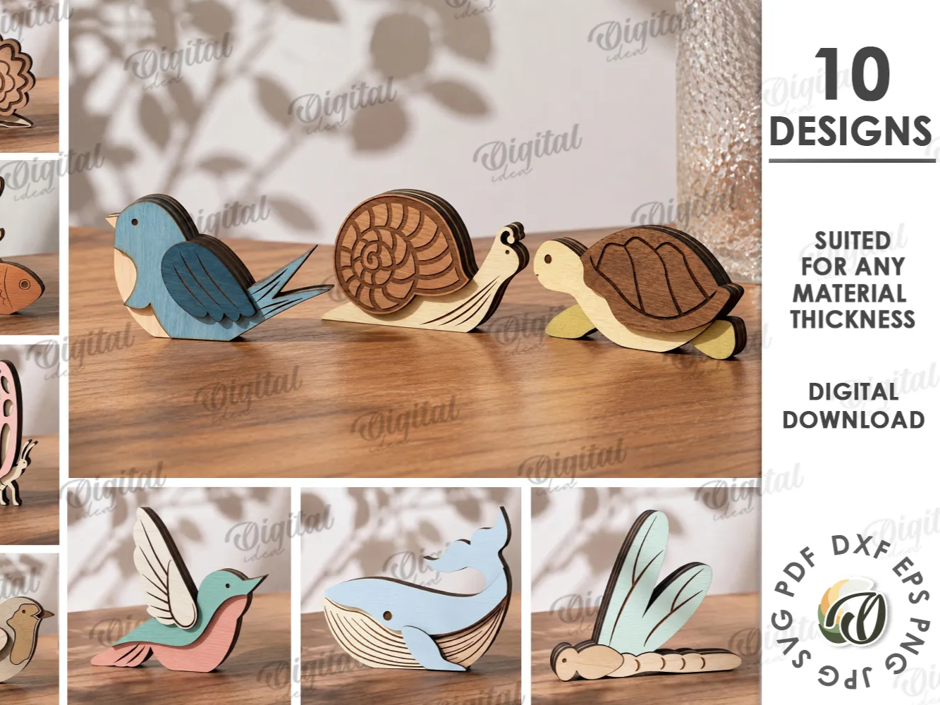 3D Animal Shelf Sitters Bundle. Home Wildlife Decor Lasercut File. Nursery Bookshelf Decoration. Butterfly. Turtle. Whale. Snail. Bird stand