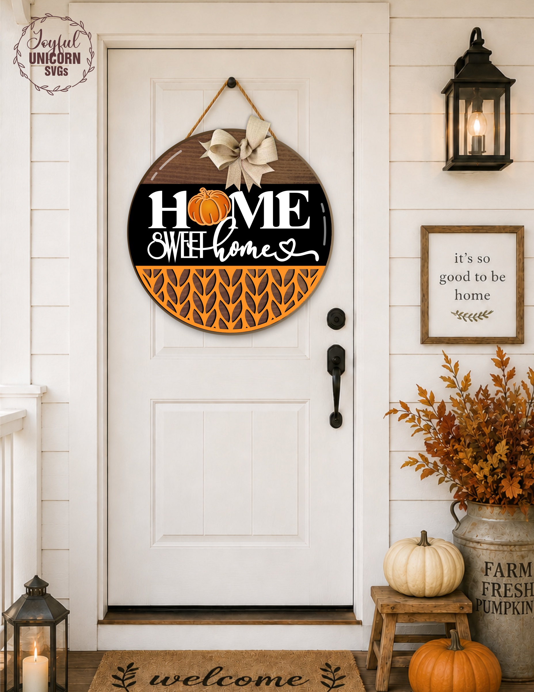 [Laser cut and engrave] Home Sweet Home Pumpkin Sign SVG, Fall Round Door Hanger, Autumn Wooden Door sign, Laser Cut File for Glowforge, CNC, Cricut