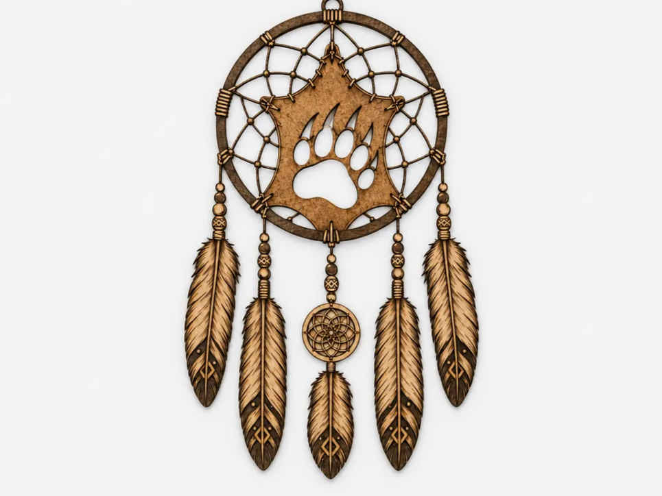 Bear Paw Dreamcatcher Wall Hanging with Feathers