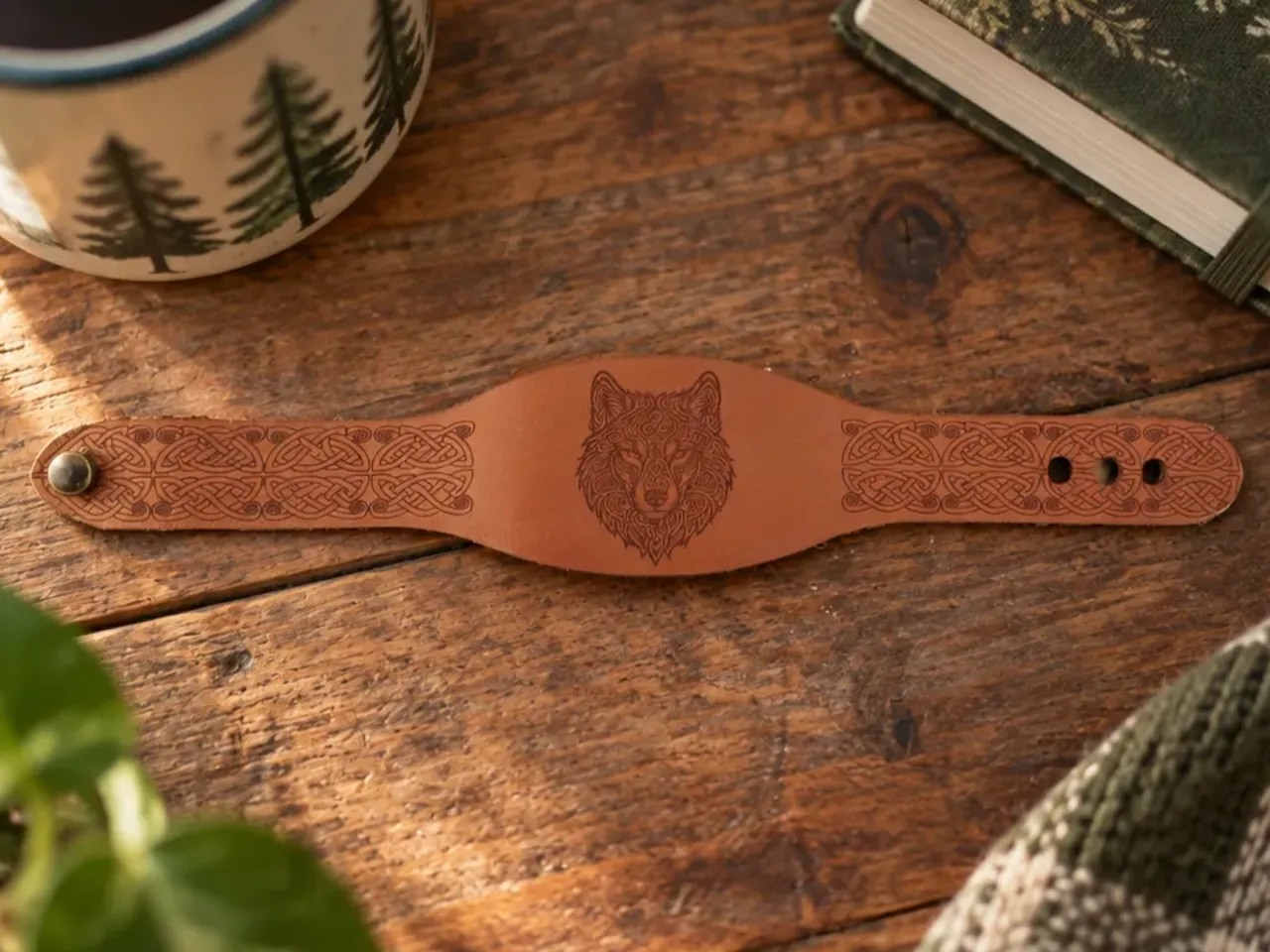 [Laser cut and engrave] Bracelet en cuir avec motif de loup et entrelacs celtiques