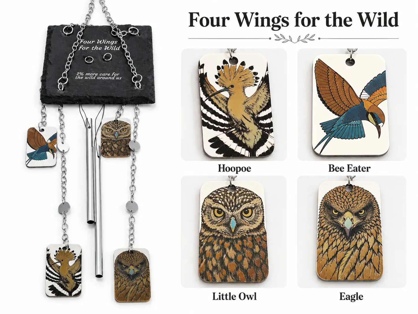 Eagle & Bird Motif Hanging Wind Chime “Four Wings for the Wild” 304 Stainless Steel