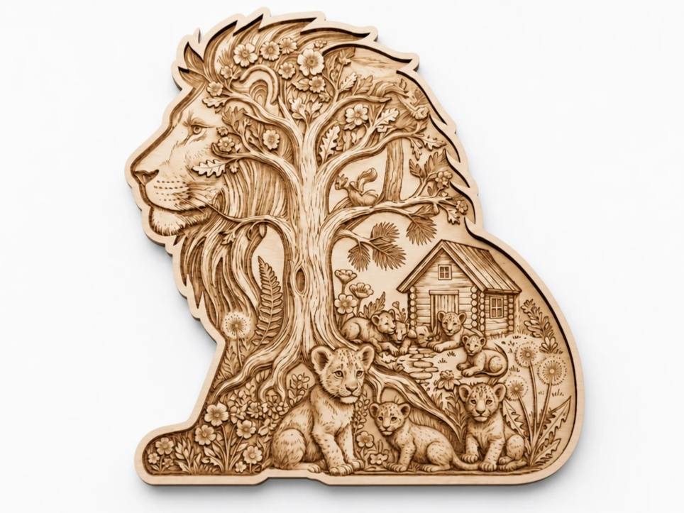 Lion Silhouette Wall Art Featuring Cubs and Forest Cabin Scene