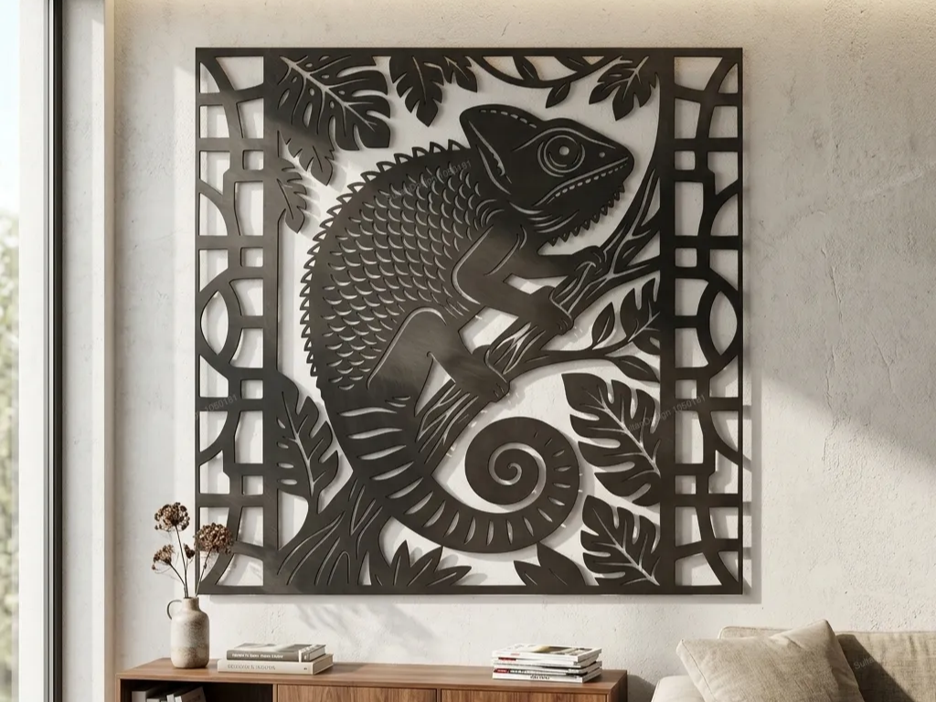 Wall Hanging Geometric Framed Chameleon Silhouette Vector File for Laser Cutting