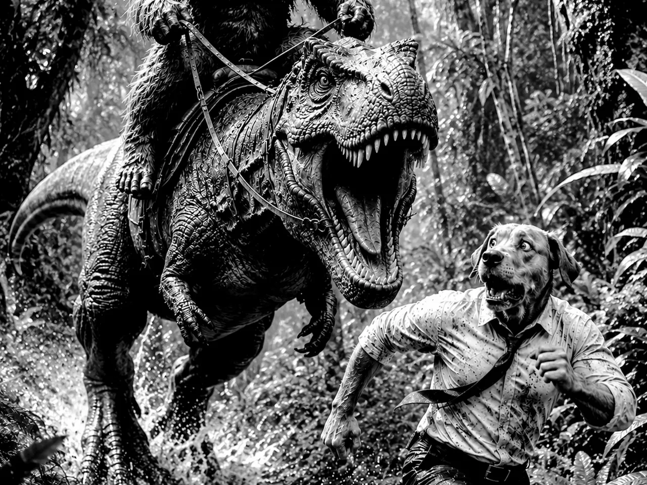 [Laser cut and engrave,Screen printing,Blade cut,Heat Press,Inkjet printing] Bigfoot riding a T-Rex chasing a man with a dog head