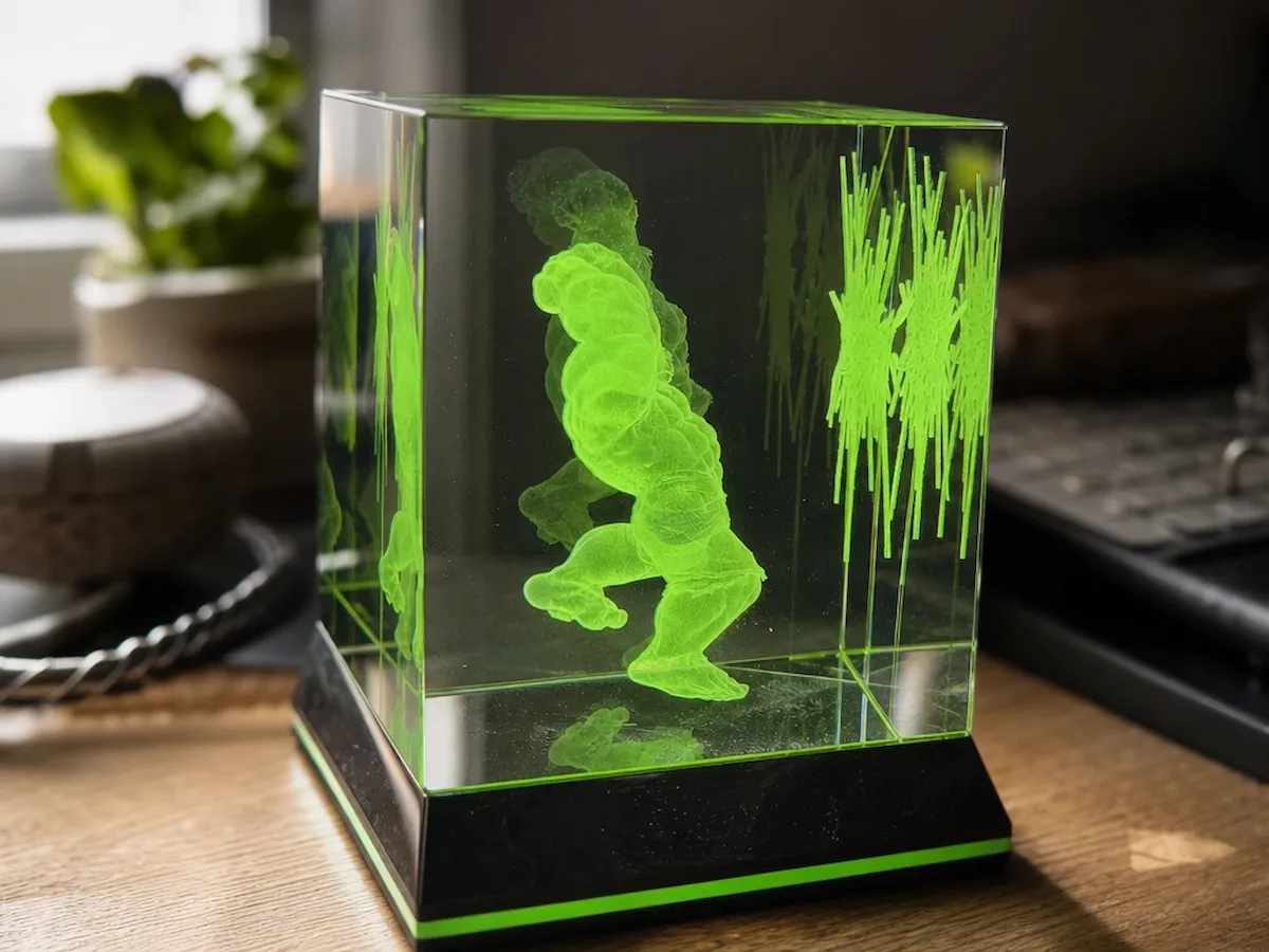 [Laser cut and engrave] Hulk 3D Crystal Cube with Green Glowing Light Base