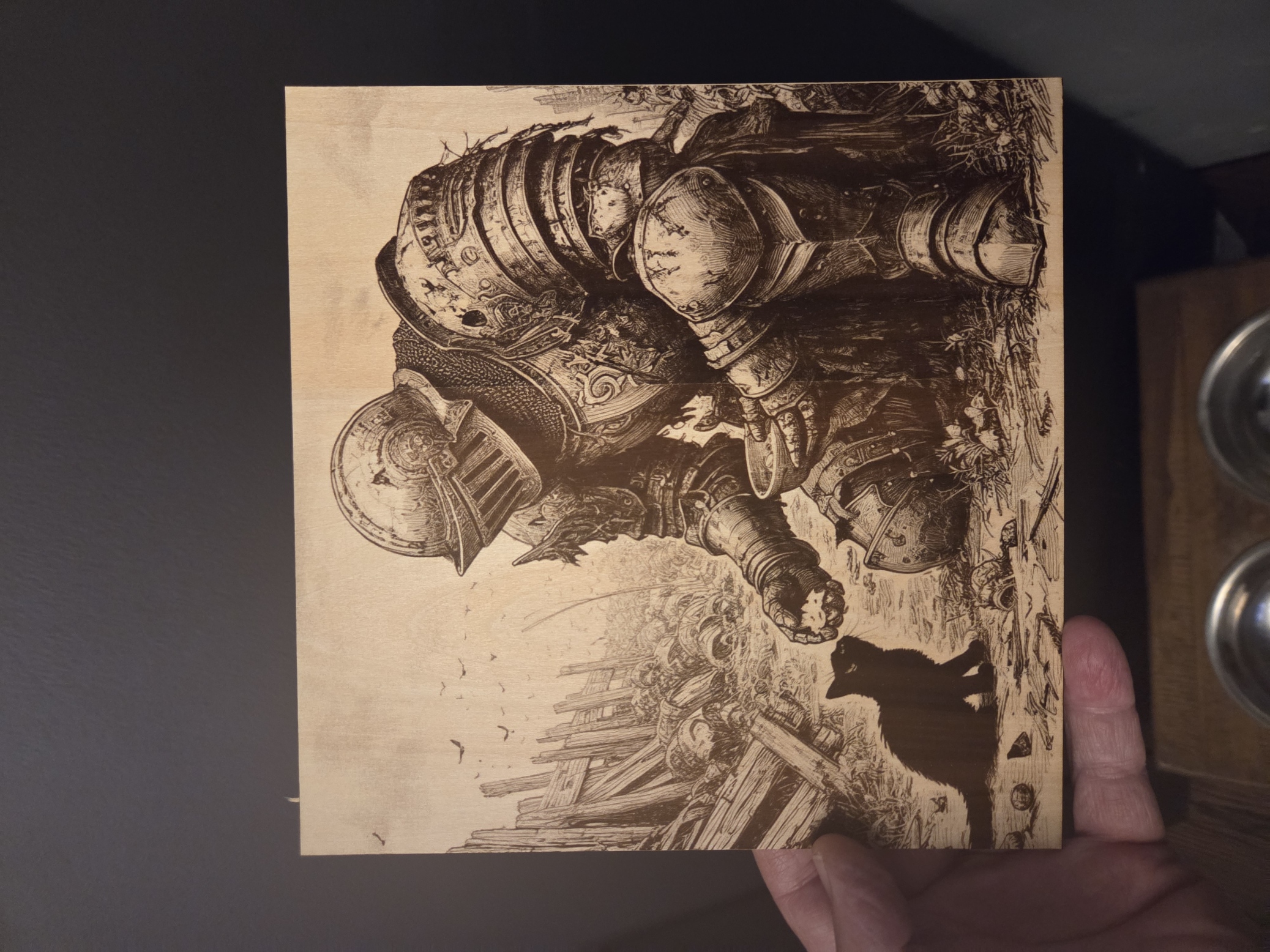 [Laser cut and engrave] Knight in Armor Feeding a Small Cat Wall Art