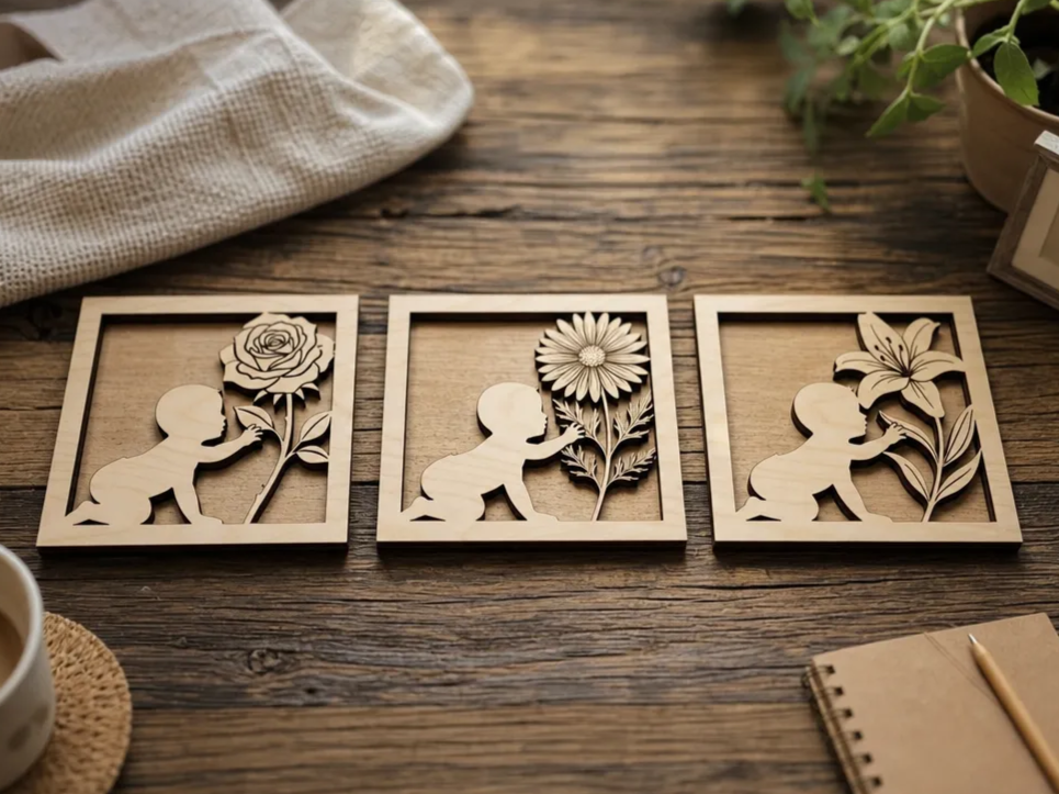 Set of Three Square Wooden Wall Plaques Featuring Crawling Babies and Flowers