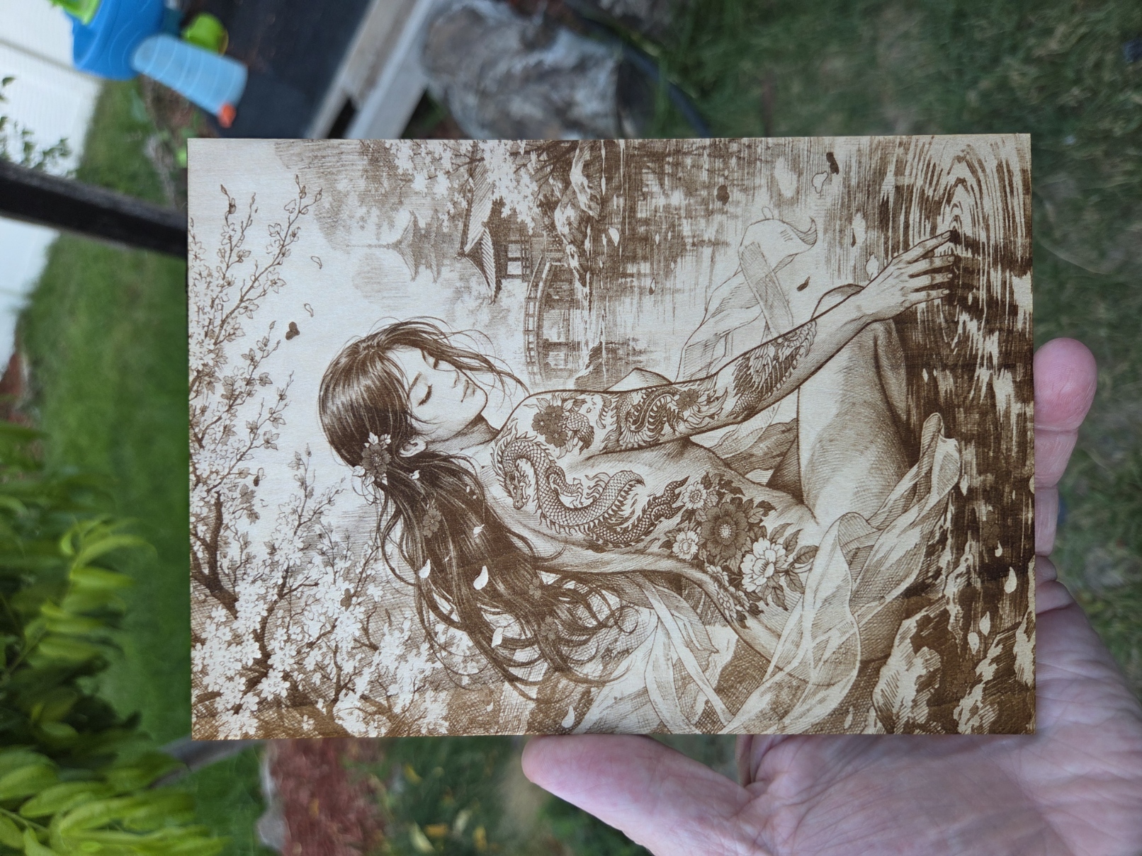 [Laser cut and engrave] Wood Wall Art Featuring a Tattooed Woman in a Japanese Garden Setting