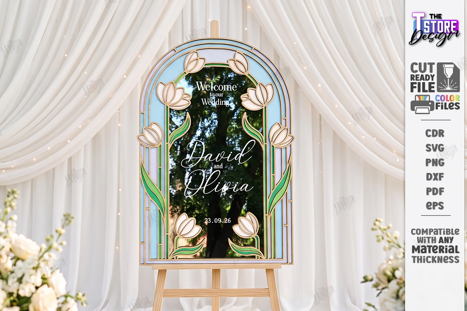 [Laser cut and engrave] Arched Floral Wedding Welcome Sign with Stained Glass Style Frame laser Cut Bundle. Floral Design. Weding Day