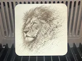 [Laser cut and engrave] Square Wooden Coaster Featuring Detailed Lion Portrait Sketch
