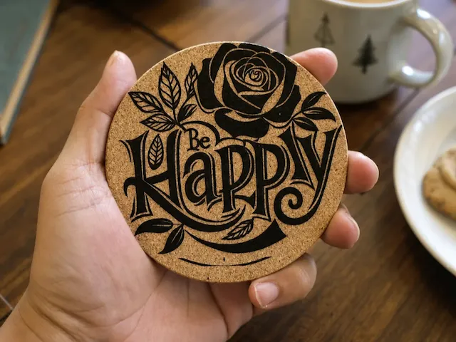Posavasos de corcho redondo con diseño de rosa y frase Be Happy