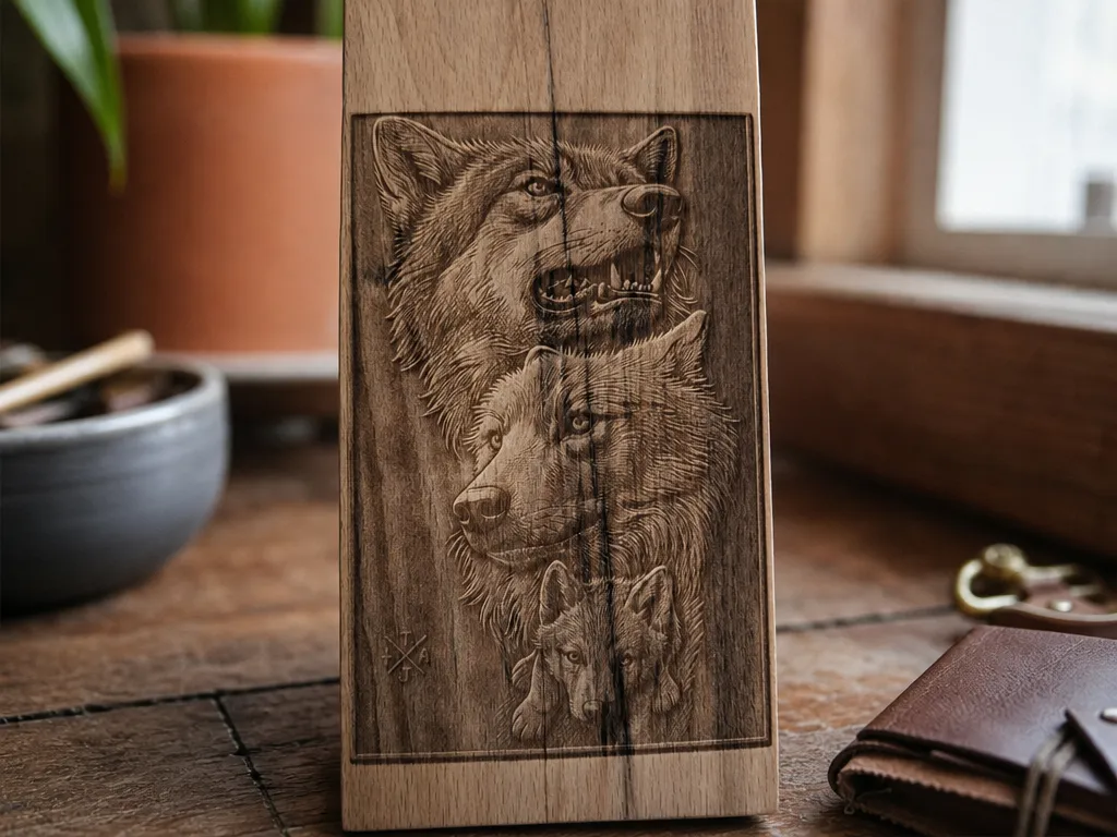 Wooden Plaque Featuring a Detailed Wolf Family Portrait
