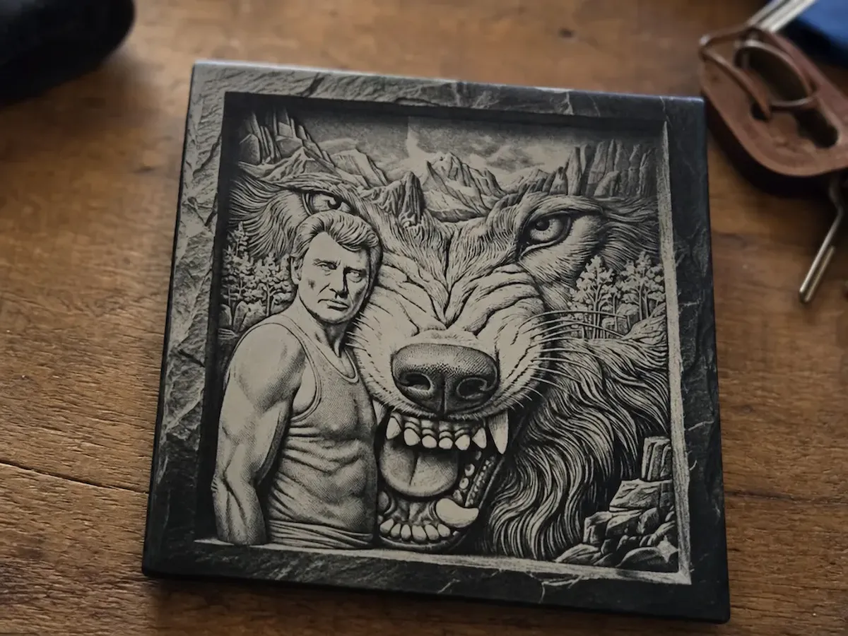 [Laser cut and engrave] Plaque en ardoise représentant Johnny Hallyday et un loup