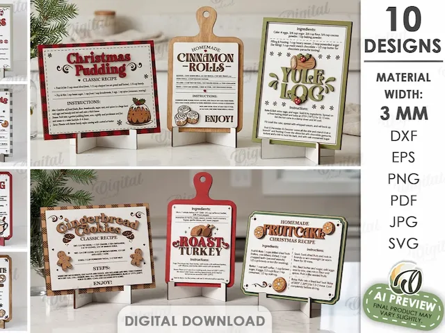 3D Christmas Recipe Signs Bundle. Kitchen Sign Laser Cut Files. Christmas Shelf Sitter. Xmas Recipe Board SVG. Hot Chocolate. Gingerbread Cookies