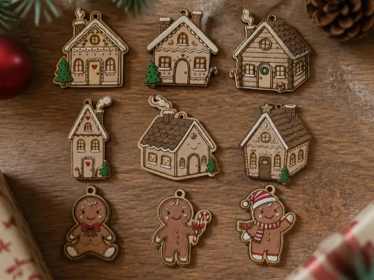 [Laser cut and engrave] Ornements de Noël en forme de maisons en pain d'épices et bonshommes