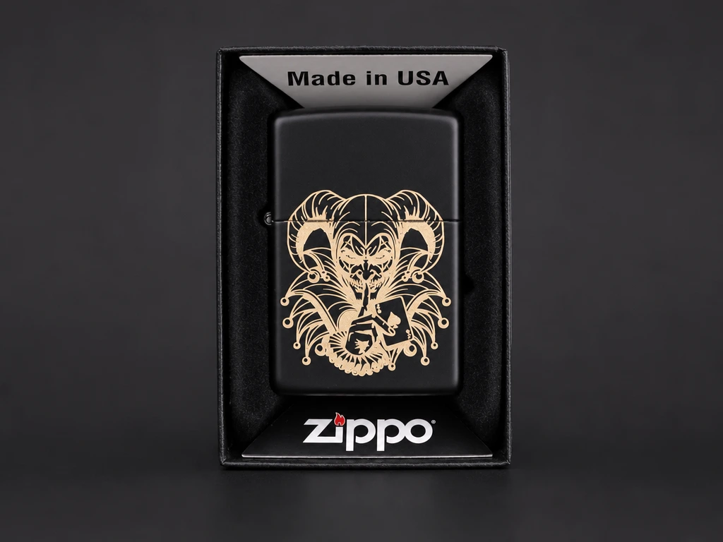 Matte Black Lighter with Jester and Ace of Spades Graphic