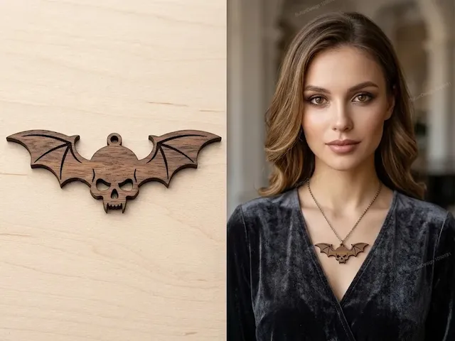 Wooden Bat Skull Pendant Necklace