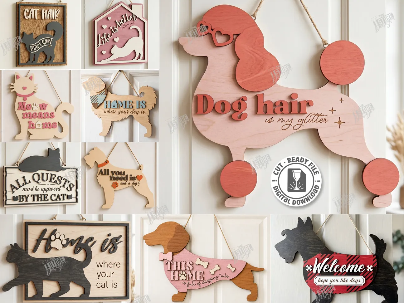 Hanging Pet Themed Wall Signs with Dog and Cat Quotes Laser Cut File Bundle. Wall Signs. Home Decor. Welcome Sign