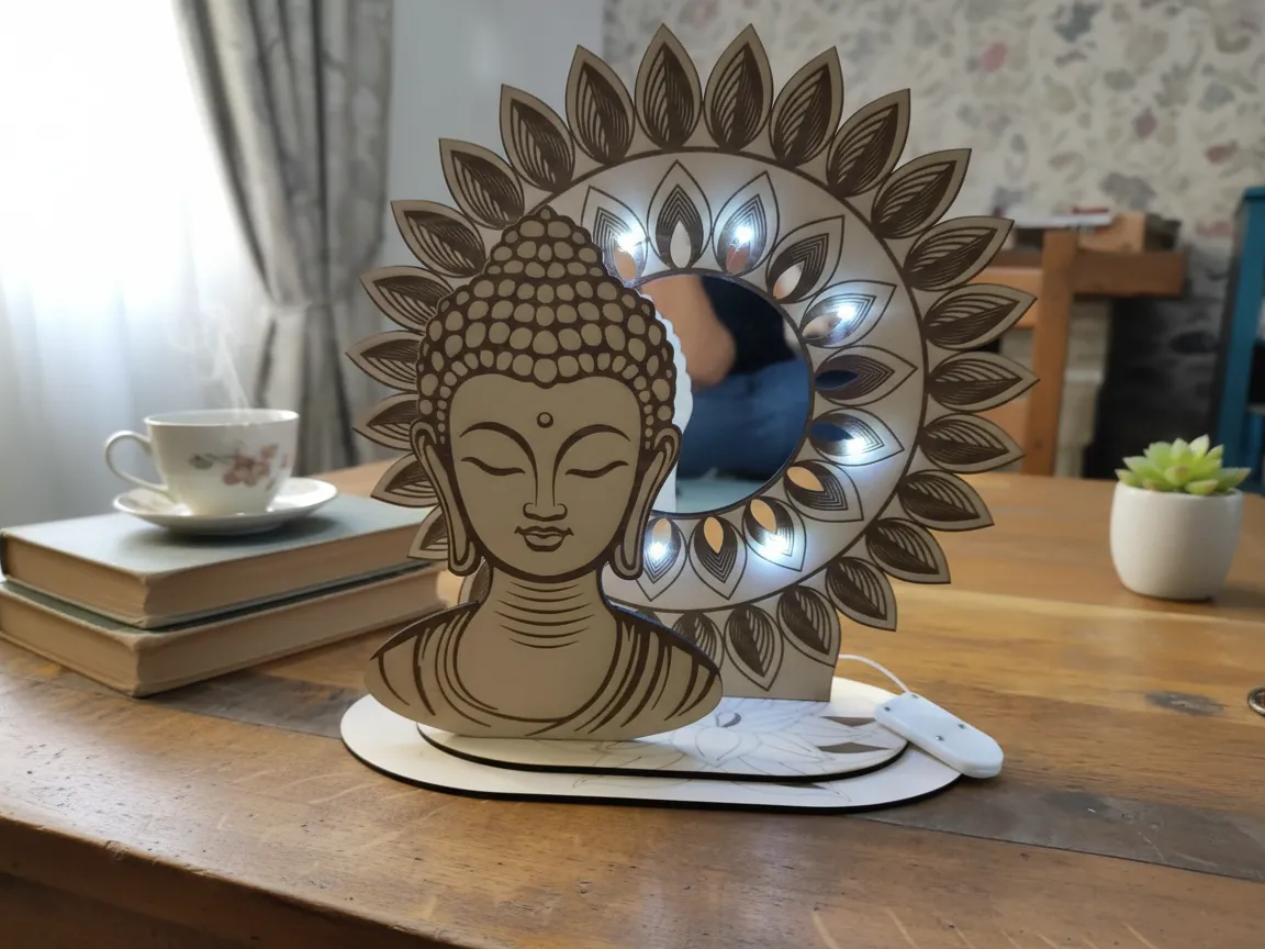 Lampe décorative en bois avec motif de Bouddha et halo floral