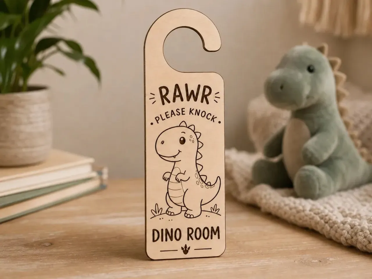[Laser cut and engrave] RAWR Please Knock - Dino Room Door Hanger