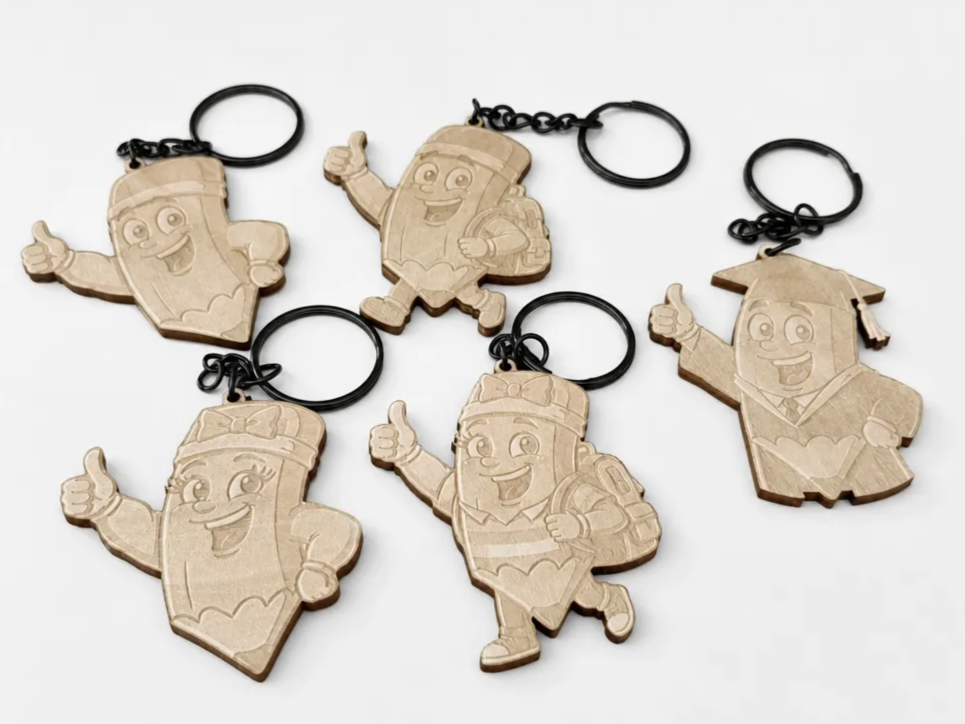 Porte-clés en bois en forme de crayon personnage pour écoliers