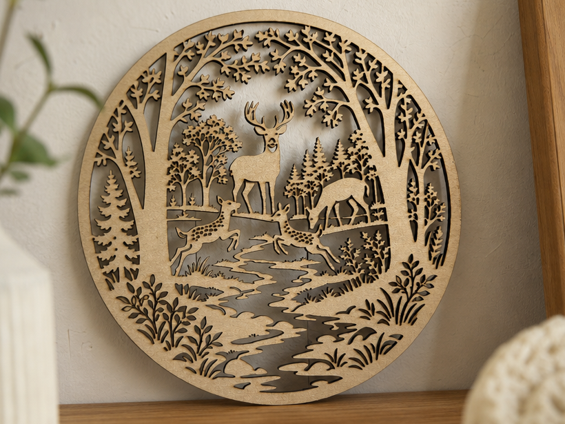 Layered circular wall art featuring a deer family in a forest landscape