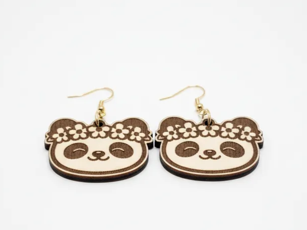Kawaii Panda Face Earrings with Flower Crown – Laser Cut Wooden Jewelry
