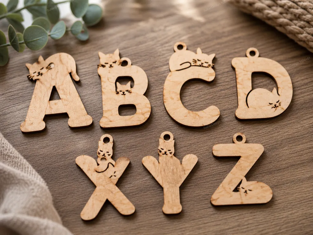 Wooden Alphabet Letter Charms Featuring Sleeping Cat Motifs