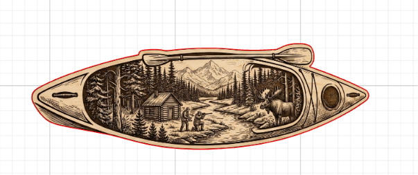 [Laser cut and engrave] Kayak Shaped Wall Art Featuring Wilderness Cabin and Moose Scene
