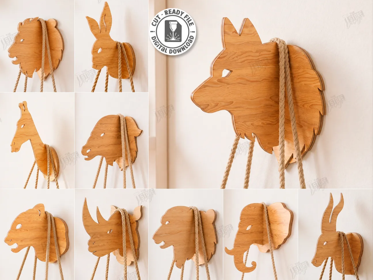 3D Animal Wall Hooks Laser Cut | Wooden Hanger Designs | Safari and Forest Animals | Wall Decor | Entryway Storage Organizers | Wooden Rope Hanger Uti