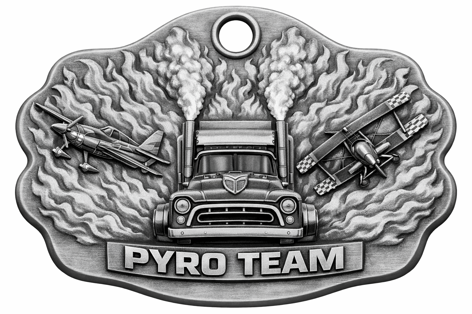 [Laser cut and engrave] Pyro Team Metal Belt Buckle Featuring Semi Truck and Airplanes