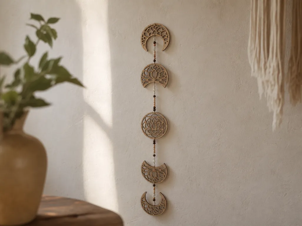 Boho Moon Phase Wall Hanging with Lotus Flower Motif