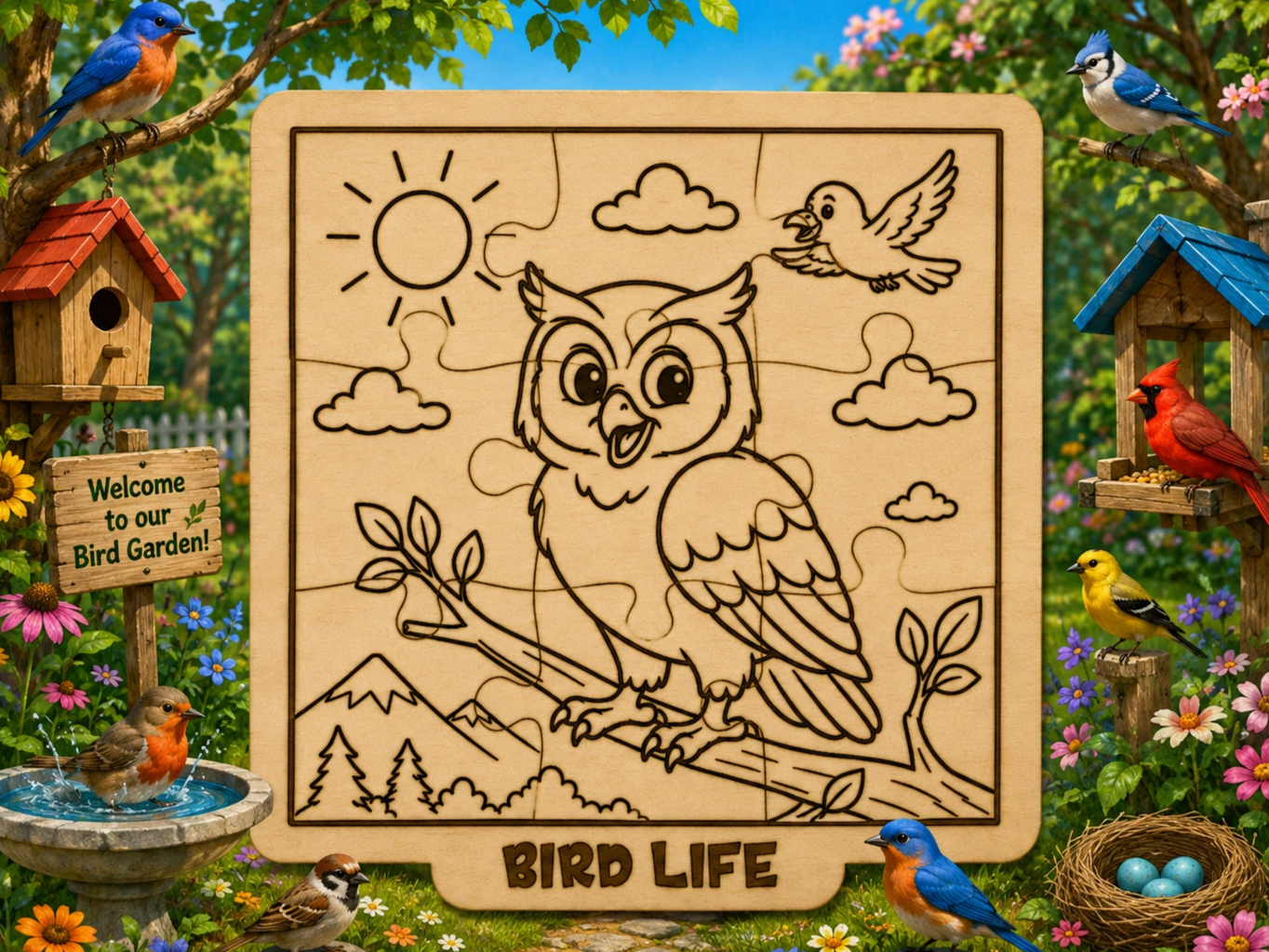 Smiling Owl Kids Puzzle SVG & XCS | Bird Life Wooden Laser Cut File | Educational Jigsaw for Children | Nature Learning Toy