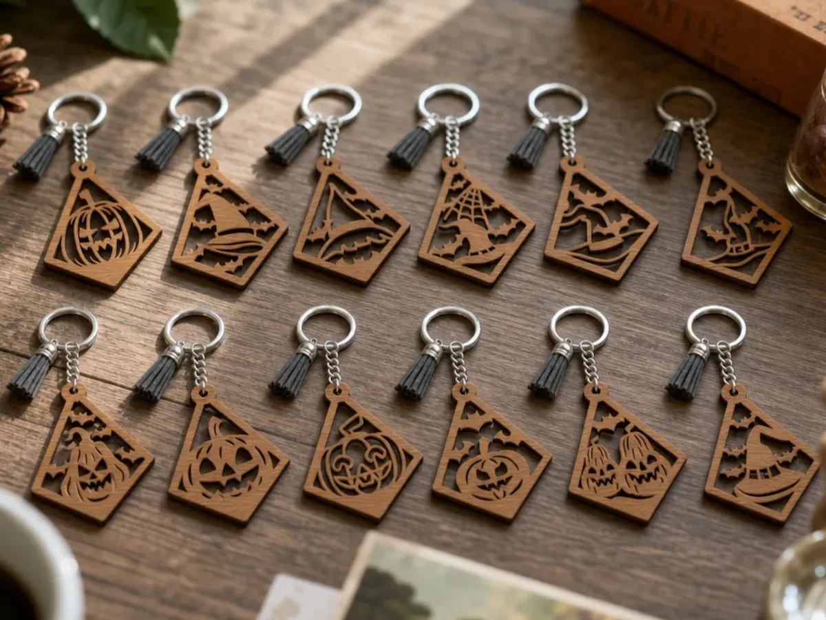 [Laser cut and engrave] Halloween themed wooden keychain set with pumpkin and witch hat motifs