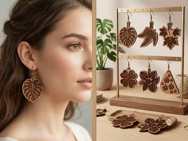 Botanical Leaf Shape Wooden Dangle Earrings