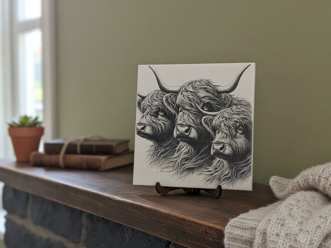 Highland Cow Trio Ceramic Tile Display