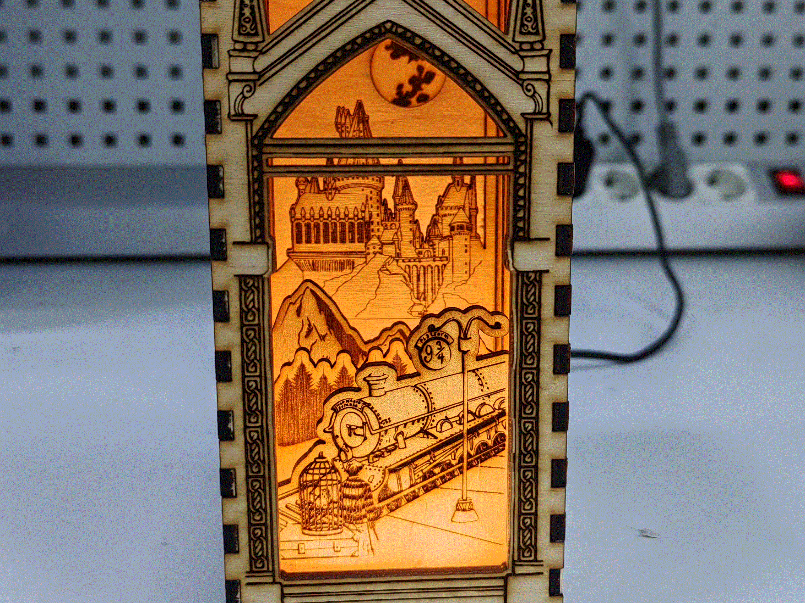 Harry Potter castle book nook 3D layered shelf insert diorama with warm backlight glow