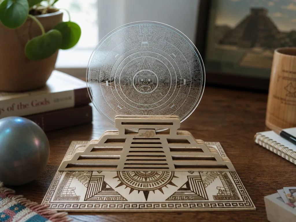 Laser-Engraved Aztec Sun Stone Display with Pyramid Stand