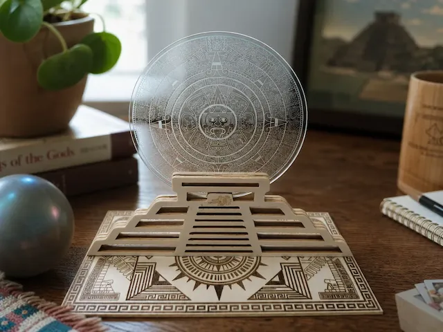 Laser-Engraved Aztec Sun Stone Display with Pyramid Stand