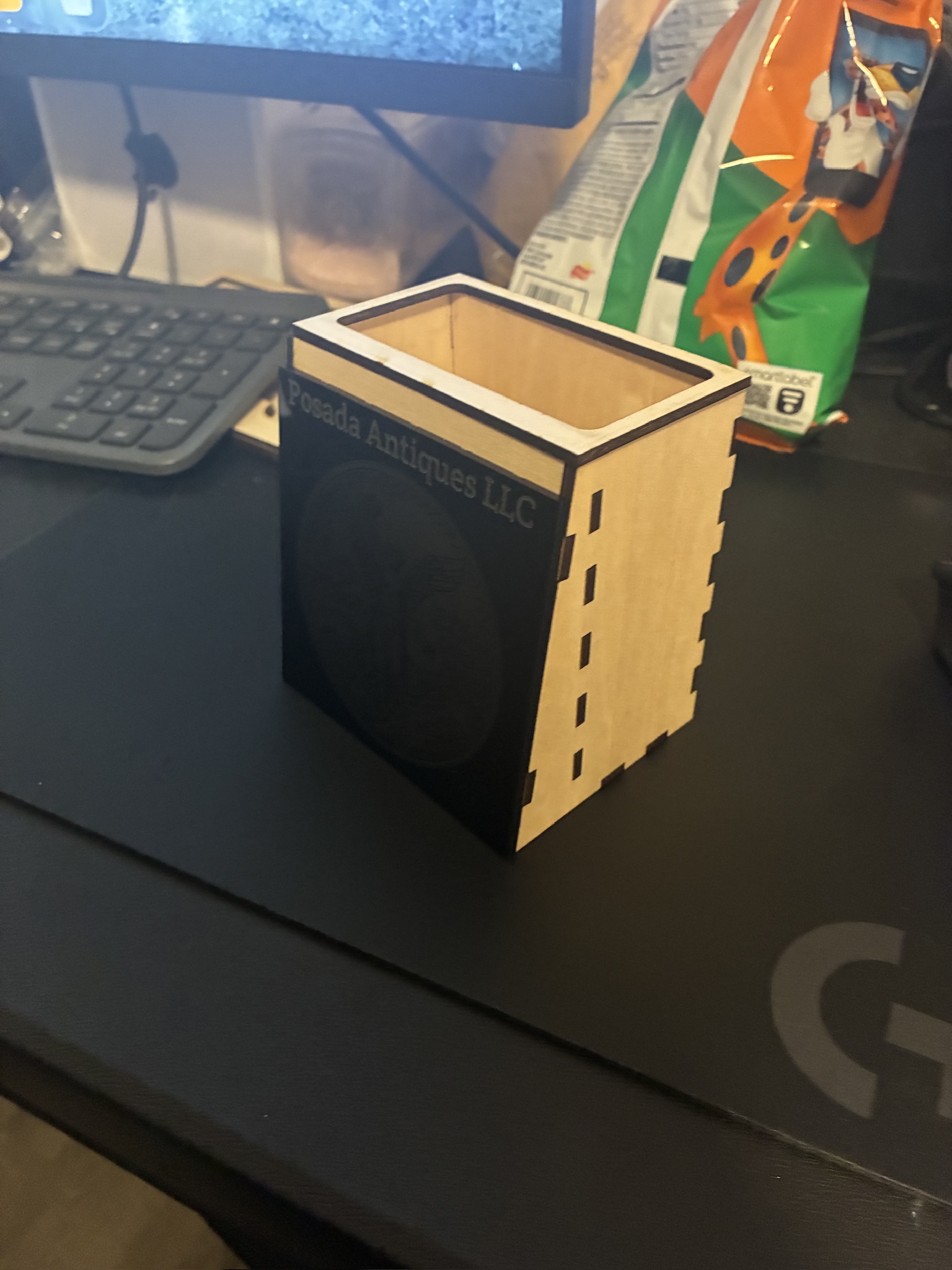 [Laser cut and engrave] Posada Antiques LLC Mexican Gold Coin Design Desk Organizer