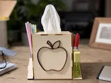 [Laser cut and engrave] Wooden Apple Motif Tissue Box Holder with Desk Organizerfor Teacher
