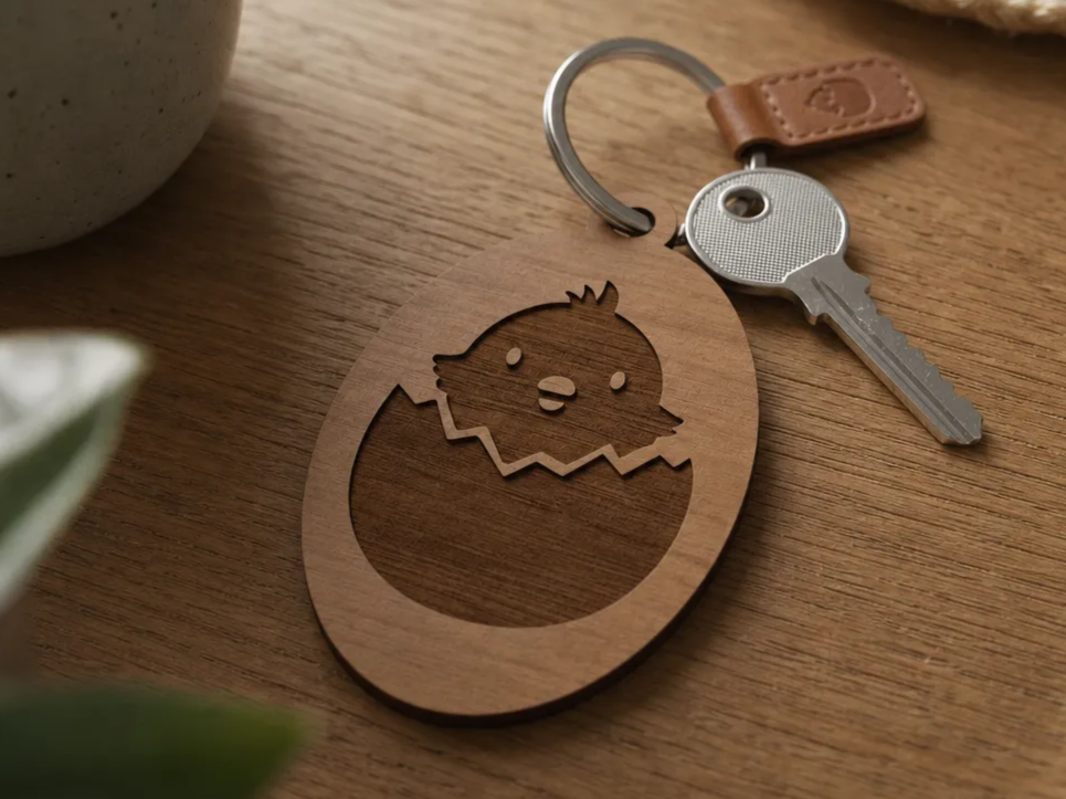 Wooden Easter Chick Hatching from Egg Keychain
