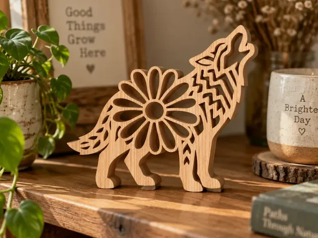 Howling Wolf Figurine with Floral Cutout Detail