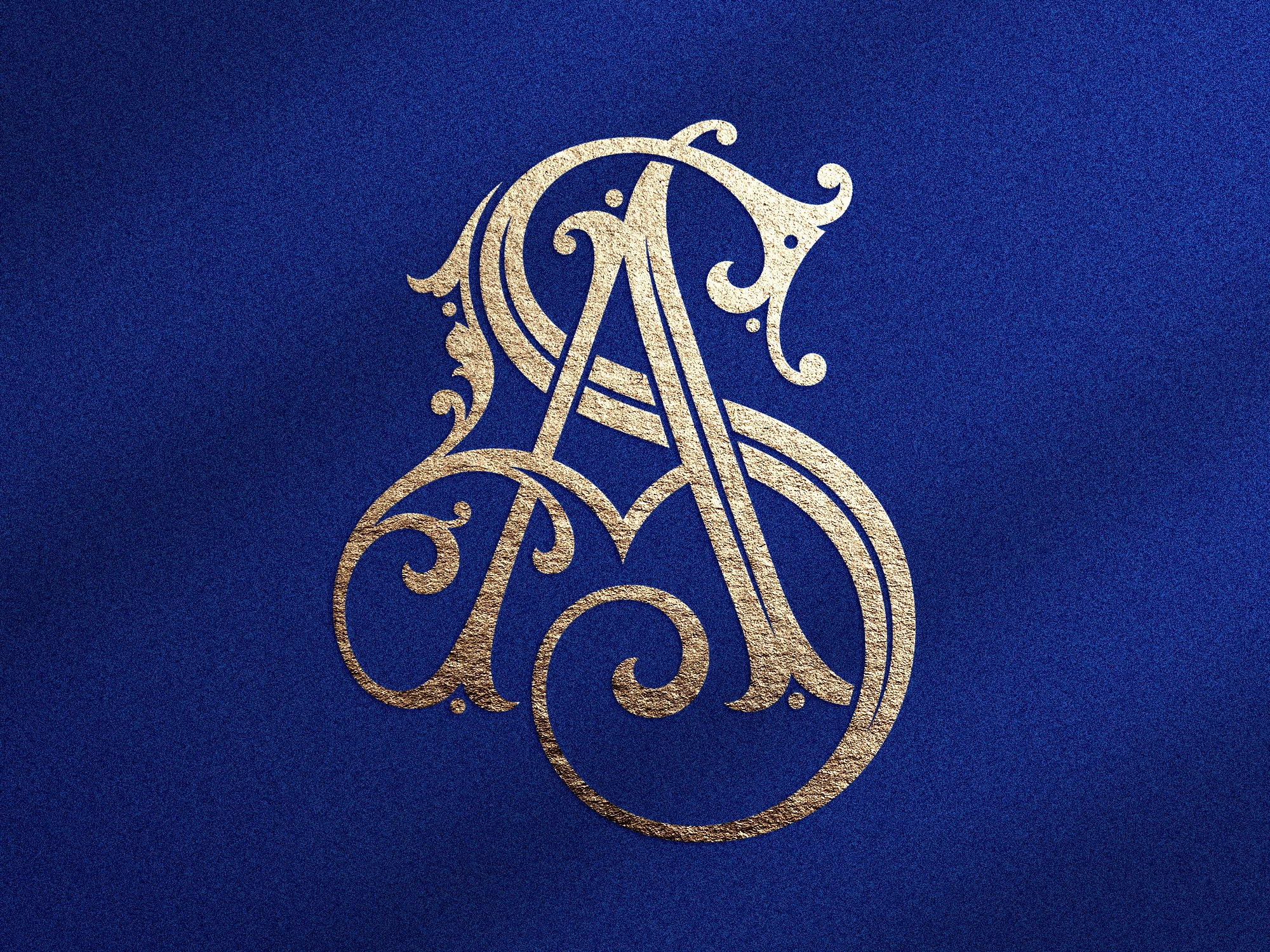 Monogramme doré avec lettres entrelacées A et S sur fond bleu texturé