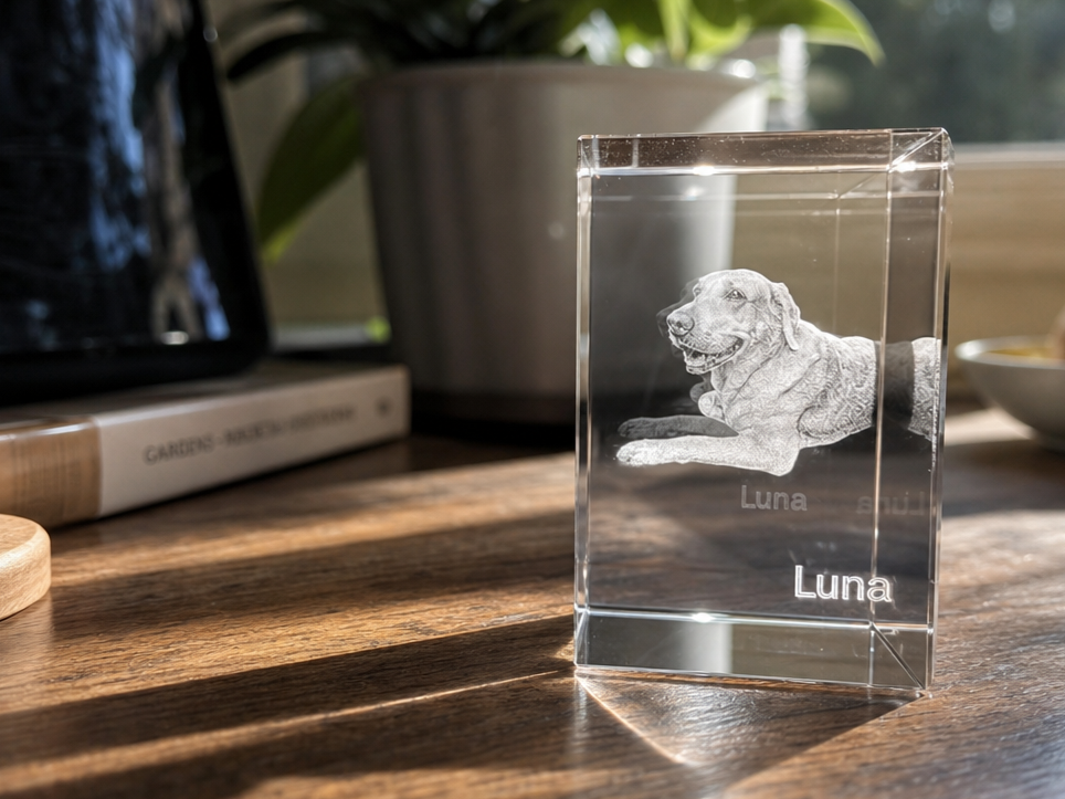 Crystal Glass Block with Personalized Dog Portrait and Name