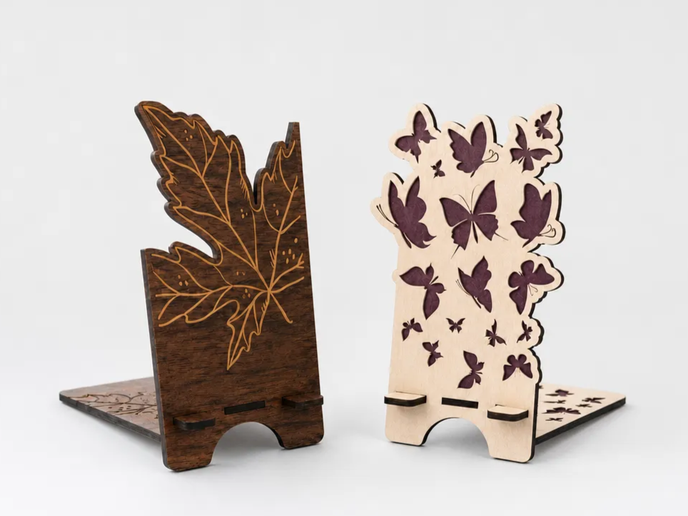 Phone Stand SVG Bundle | Maple Leaf and Butterfly Wooden Holder Designs | Laser Cut Files for 3mm Material