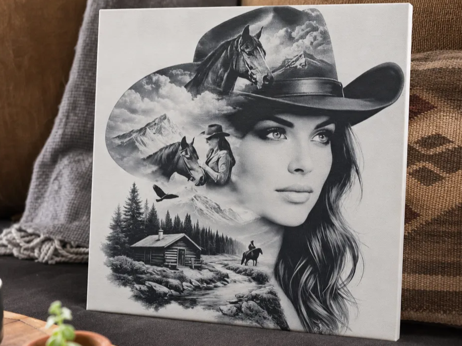 Tableau sur toile représentant une cow-girl avec un cheval et un paysage de montagne